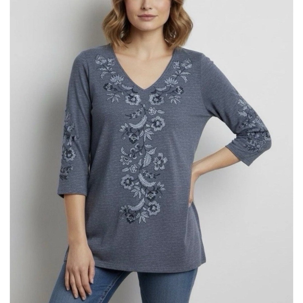 NWT Pure Jill Embroidered Jersey Tunic Boho Cottage Core Top Blue Blouse Sz‎ XLP